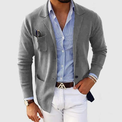 Men's Knit Blazer Cardigan With Notched Collar, Button Closure And Patch Pockets – Elegant Knit Jacket For Work, Everyday Wear And Smart Casual Layered Styling