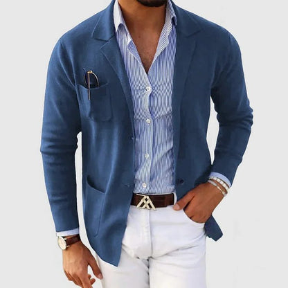 Men's Knit Blazer Cardigan With Notched Collar, Button Closure And Patch Pockets – Elegant Knit Jacket For Work, Everyday Wear And Smart Casual Layered Styling