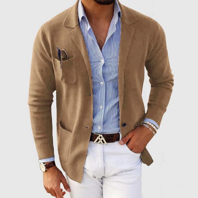 Men's Knit Blazer Cardigan With Notched Collar, Button Closure And Patch Pockets – Elegant Knit Jacket For Work, Everyday Wear And Smart Casual Layered Styling