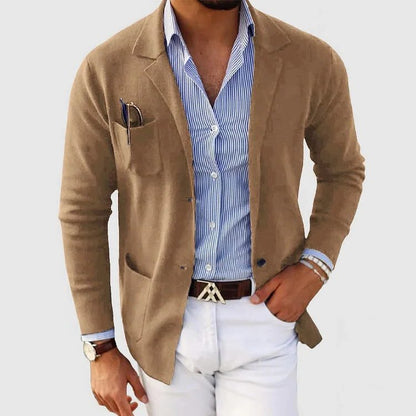 Men's Knit Blazer Cardigan With Notched Collar, Button Closure And Patch Pockets – Elegant Knit Jacket For Work, Everyday Wear And Smart Casual Layered Styling