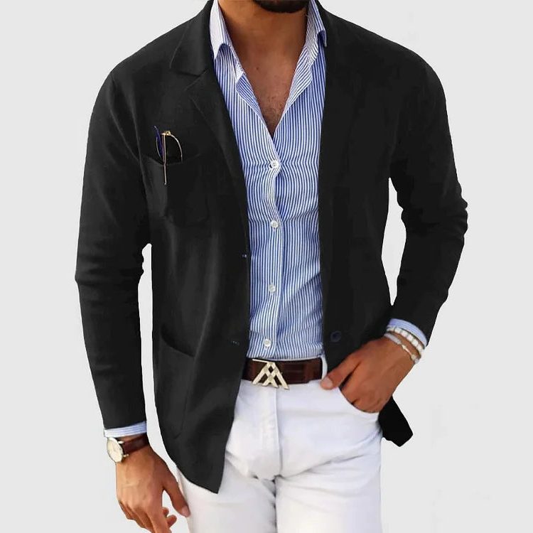 Men's Knit Blazer Cardigan With Notched Collar, Button Closure And Patch Pockets – Elegant Knit Jacket For Work, Everyday Wear And Smart Casual Layered Styling