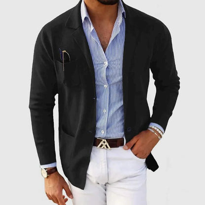 Men's Knit Blazer Cardigan With Notched Collar, Button Closure And Patch Pockets – Elegant Knit Jacket For Work, Everyday Wear And Smart Casual Layered Styling