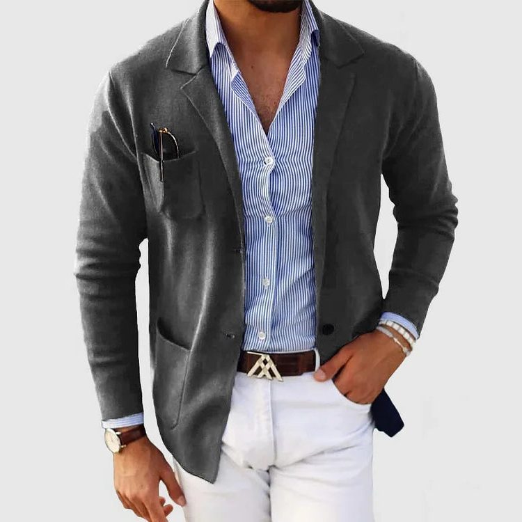 Men's Knit Blazer Cardigan With Notched Collar, Button Closure And Patch Pockets – Elegant Knit Jacket For Work, Everyday Wear And Smart Casual Layered Styling