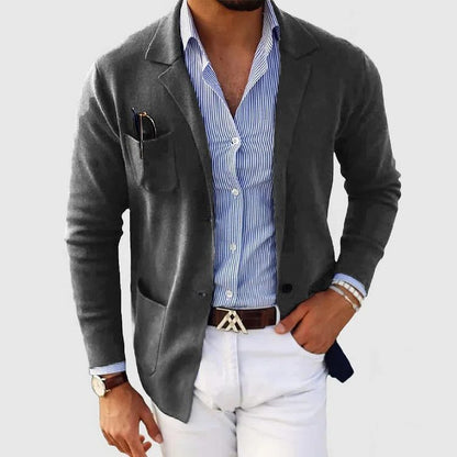 Men's Knit Blazer Cardigan With Notched Collar, Button Closure And Patch Pockets – Elegant Knit Jacket For Work, Everyday Wear And Smart Casual Layered Styling