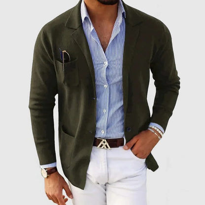 Men's Knit Blazer Cardigan With Notched Collar, Button Closure And Patch Pockets – Elegant Knit Jacket For Work, Everyday Wear And Smart Casual Layered Styling