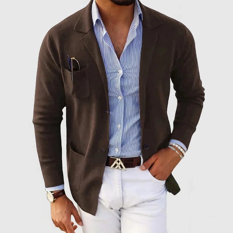 Men's Knit Blazer Cardigan With Notched Collar, Button Closure And Patch Pockets – Elegant Knit Jacket For Work, Everyday Wear And Smart Casual Layered Styling