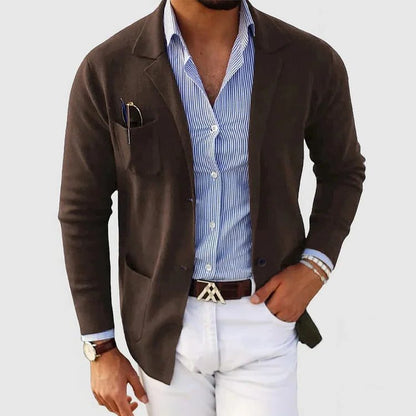 Men's Knit Blazer Cardigan With Notched Collar, Button Closure And Patch Pockets – Elegant Knit Jacket For Work, Everyday Wear And Smart Casual Layered Styling