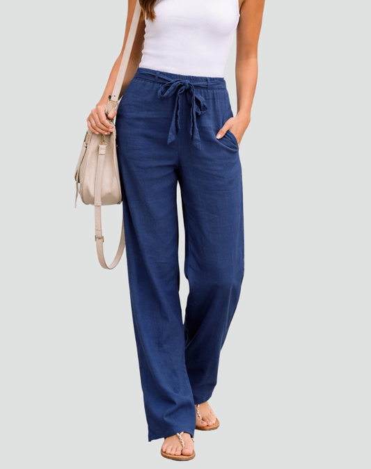 Pantaloni de damă din amestec de in, cu picioare largi și șnur în talie  