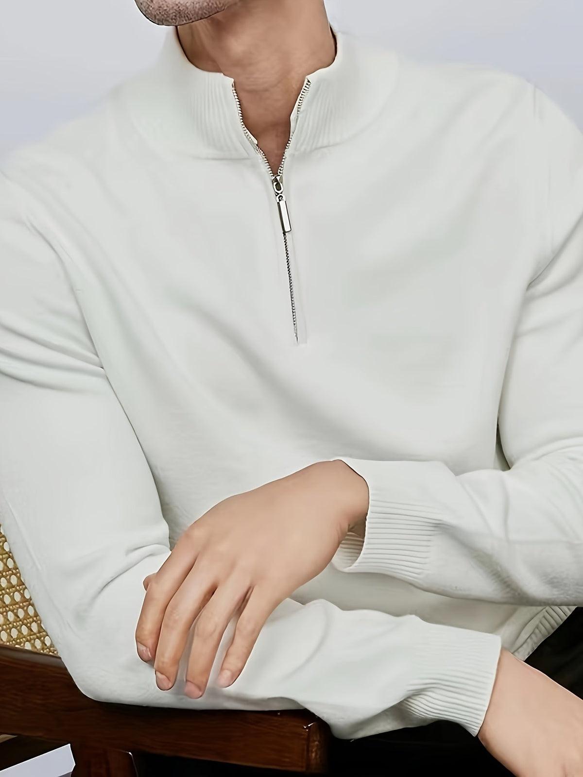 Męski dzianinowy sweter half-zip z wysokim kołnierzem i domieszką elastanu – wygodny pulower na jesień, zimę, co dzień i w stylu smart casual