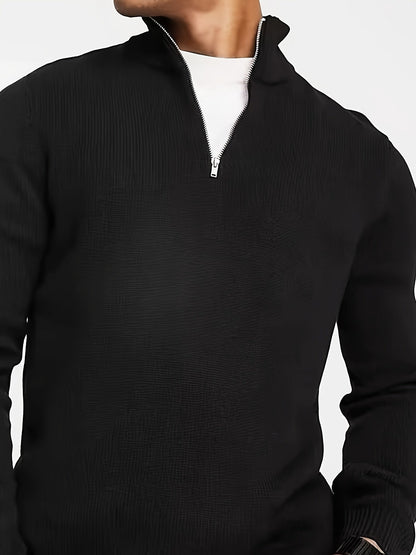 Męski dzianinowy sweter half-zip z wysokim kołnierzem i domieszką elastanu – wygodny pulower na jesień, zimę, co dzień i w stylu smart casual