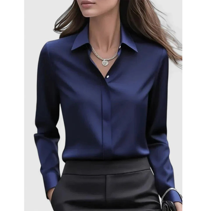 Bluză de damă inspirată de satin, cu mâneci lungi și croială cambrată – bluză elegantă pentru birou, stil smart casual și purtare de zi cu zi