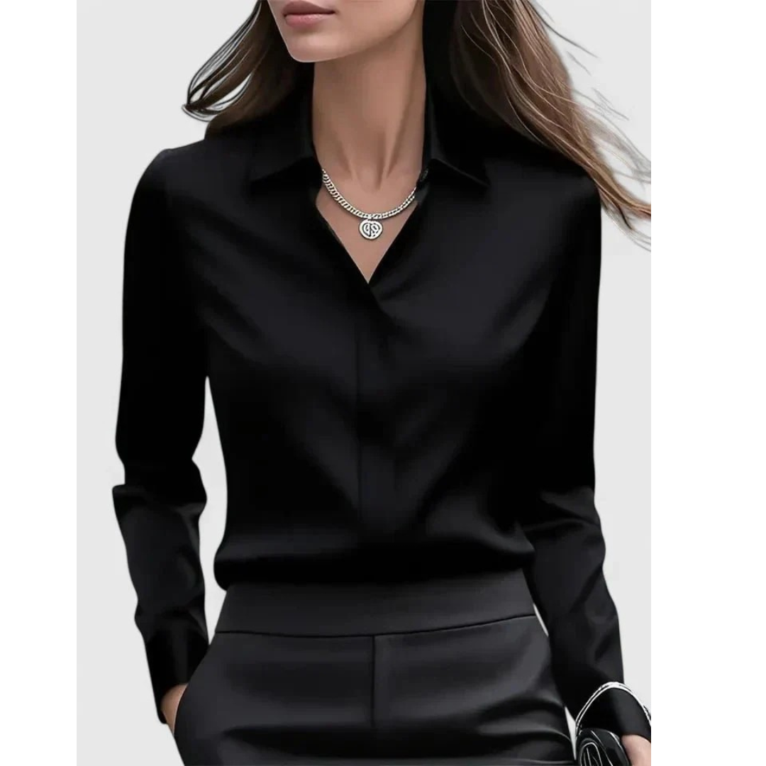 Bluză de damă inspirată de satin, cu mâneci lungi și croială cambrată – bluză elegantă pentru birou, stil smart casual și purtare de zi cu zi