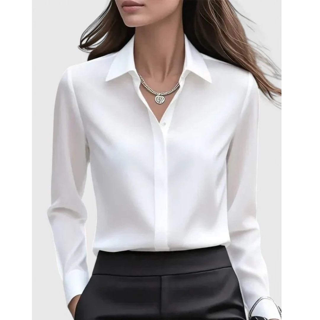 Bluză de damă inspirată de satin, cu mâneci lungi și croială cambrată – bluză elegantă pentru birou, stil smart casual și purtare de zi cu zi
