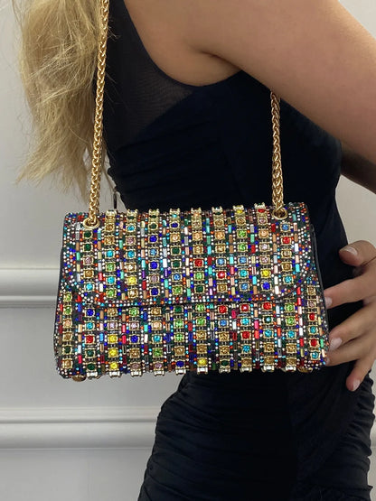 Women's mini shoulder bag with rhinestones and chain strap - elegant, glittering evening bag for parties and special occasions