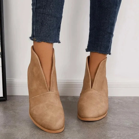 Botine damă cu croială în V, design slip-on și toc bloc jos - Încălțăminte elegantă de zi cu zi pentru toamnă, iarnă, purtare zilnică și timp liber