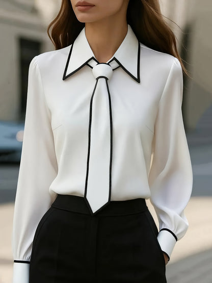 Dame Bluse Med Kontrastkant Og Bindebånd I Halsen – Elegant Langærmet Bluse Til Kontor, Hverdagsbrug Og Smart Casual Stil