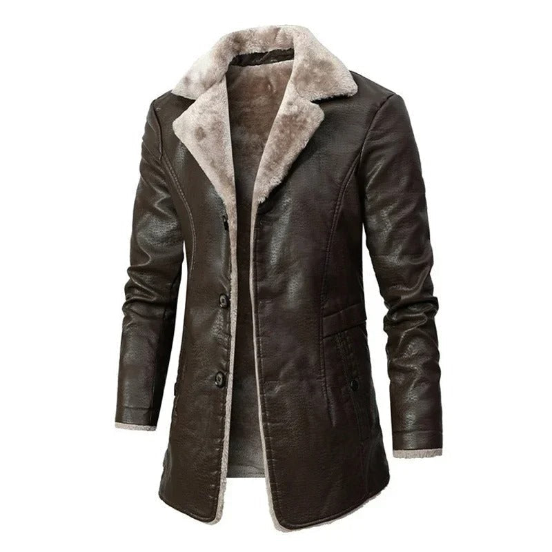 Herre Lang Pu-læderfrakke Med Shearling-for Og Reverskrave – Varmt Overtøj Til Vinter, Hverdagsbrug Og Smart Casual Stil