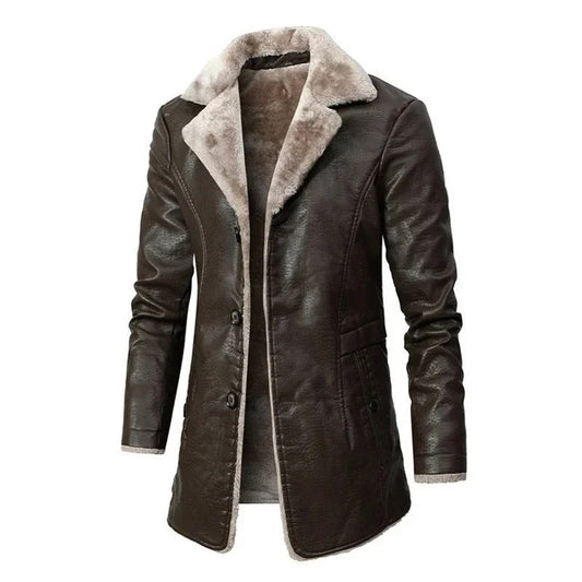 Pánský dlouhý kabát z PU kůže s podšívkou shearling a klopovým límcem – hřejivé oblečení na zimu, každý den a ve stylu smart casual