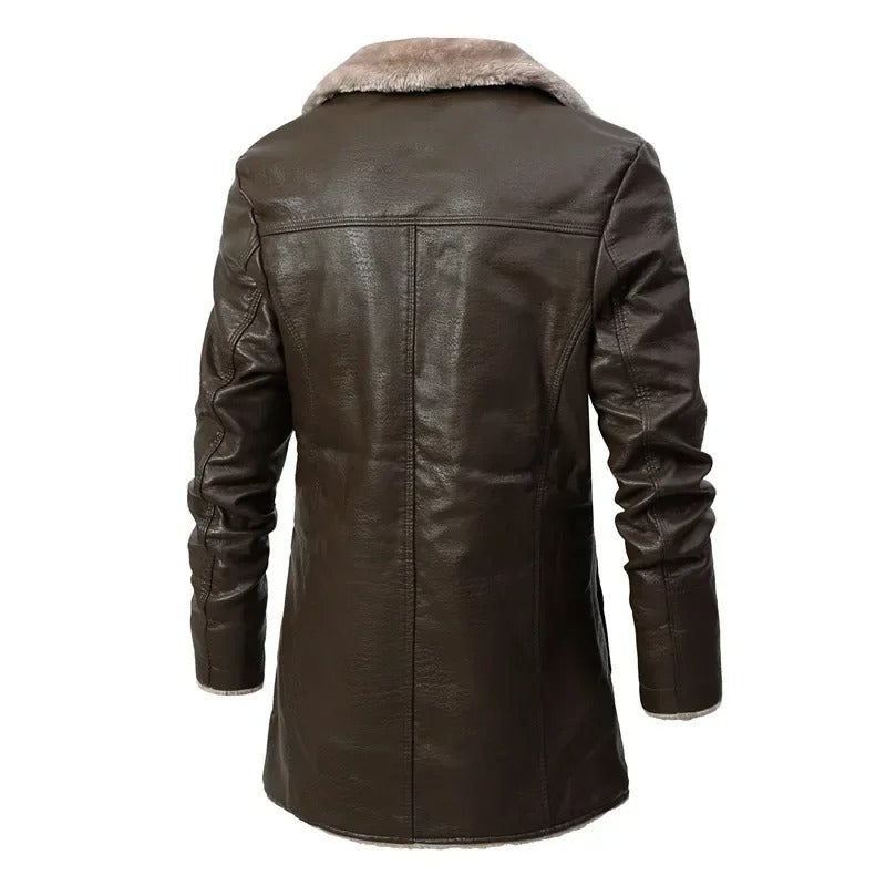 Herre Lang Pu-læderfrakke Med Shearling-for Og Reverskrave – Varmt Overtøj Til Vinter, Hverdagsbrug Og Smart Casual Stil