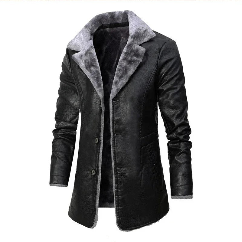 Herre Lang Pu-læderfrakke Med Shearling-for Og Reverskrave – Varmt Overtøj Til Vinter, Hverdagsbrug Og Smart Casual Stil