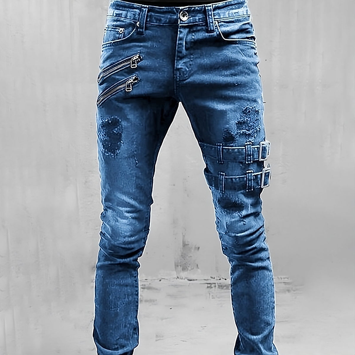 Men's Slim-Fit Stretch Jeans with Distressed Details - Modern Denim Pants with Utility-Inspired Style for Streetwear and Casual Everyday Wear