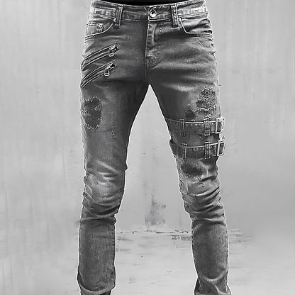 Men's Slim-Fit Stretch Jeans with Distressed Details - Modern Denim Pants with Utility-Inspired Style for Streetwear and Casual Everyday Wear