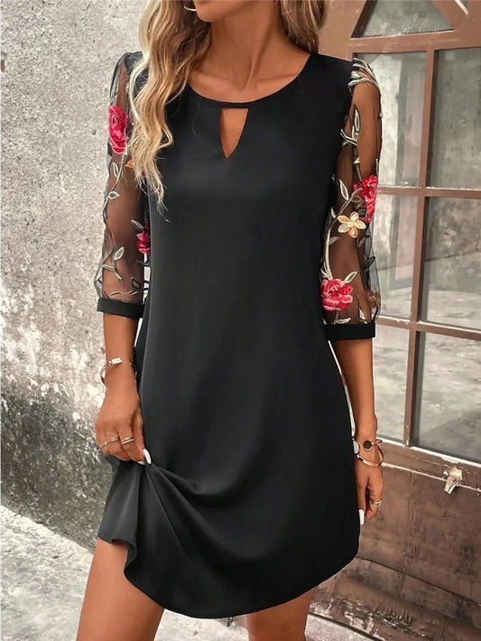 Women's knee-length party dress with embroidered mesh sleeves – elegant dress for parties, weddings, evening wear, and special occasions