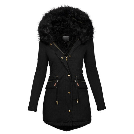 Parka de invierno para mujer con piel sintética y cintura ajustable con cordón - Abrigo práctico con bolsillos con cremallera para los días fríos, el uso diario y las actividades al aire libre