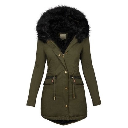 Women's Winter Parka with Faux Fur and Drawstring Waist - Practical Coat with Zipped Pockets for Cold Days, Everyday Wear and Outdoor Use