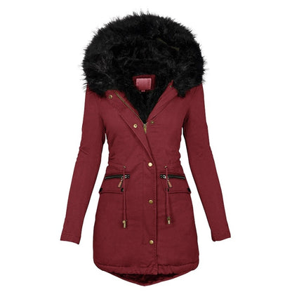 Women's Winter Parka with Faux Fur and Drawstring Waist - Practical Coat with Zipped Pockets for Cold Days, Everyday Wear and Outdoor Use