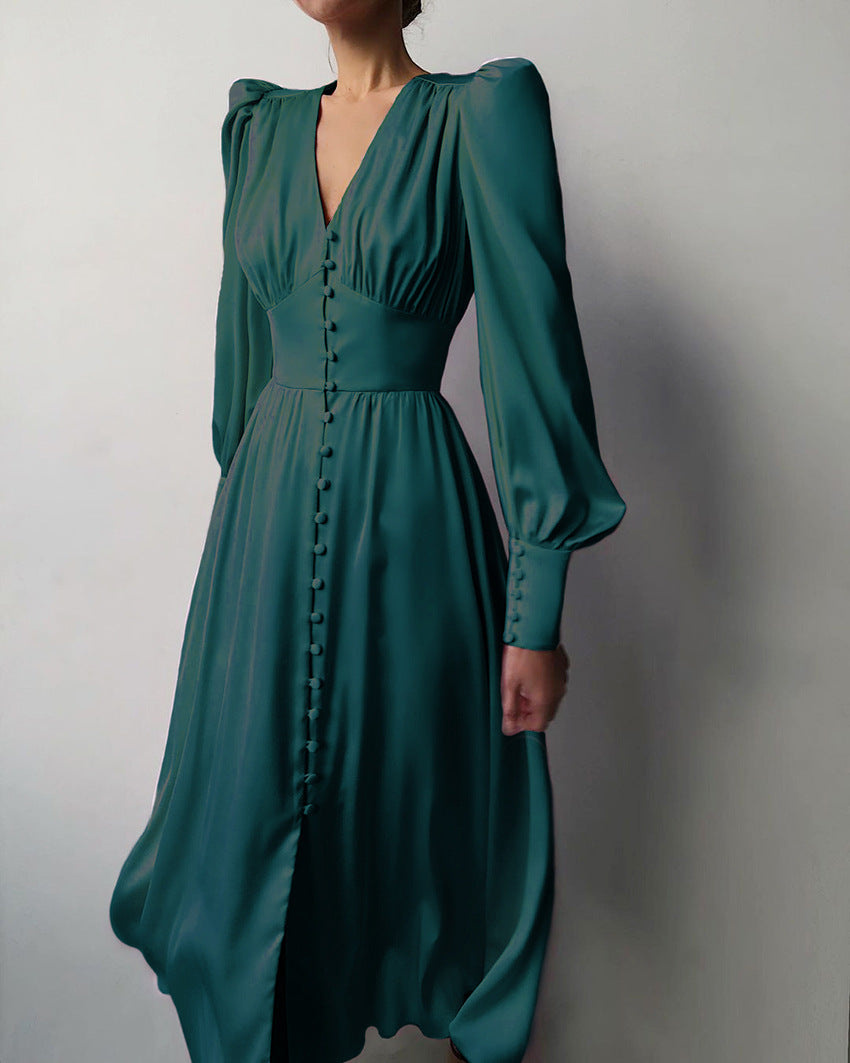 Rochie midi pentru dame, cu închidere cu nasturi în față și mâneci bufante