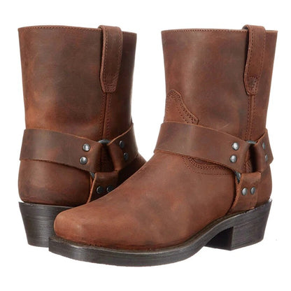 Herre Western Læderstøvler med Harness – Mid-Calf Cowboystil til Hverdagsbrug