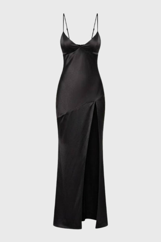 Rochie maxi elegantă damă cu decolteu în V, șliț pe coapsă și siluetă subțire  