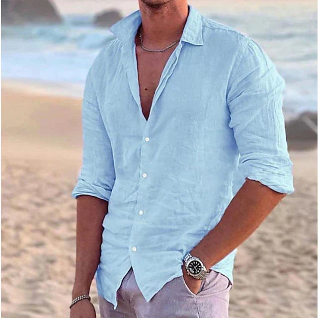 Men's Slim-Fit Summer Shirt with Long Sleeves and Button Closure – Lightweight Shirt for Vacations and Casual Everyday Wear