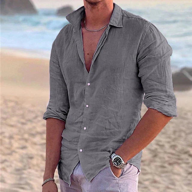 Men's Slim-Fit Summer Shirt with Long Sleeves and Button Closure – Lightweight Shirt for Vacations and Casual Everyday Wear