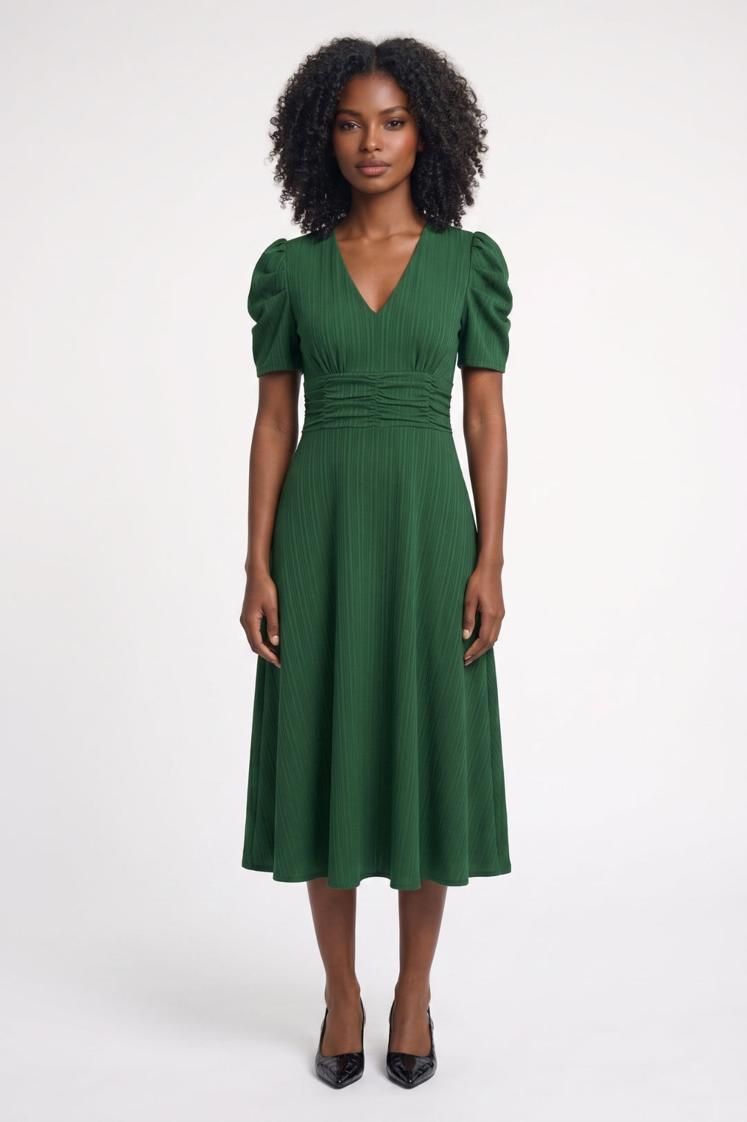 Women's Pleated Midi Dress with Ruched Waist and Puff Sleeves – Elegant Dress for Parties, Dinners, and Special Occasions