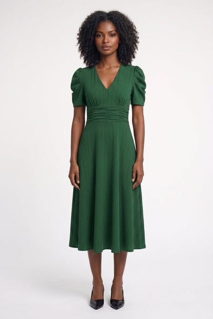 Women's Pleated Midi Dress with Ruched Waist and Puff Sleeves – Elegant Dress for Parties, Dinners, and Special Occasions
