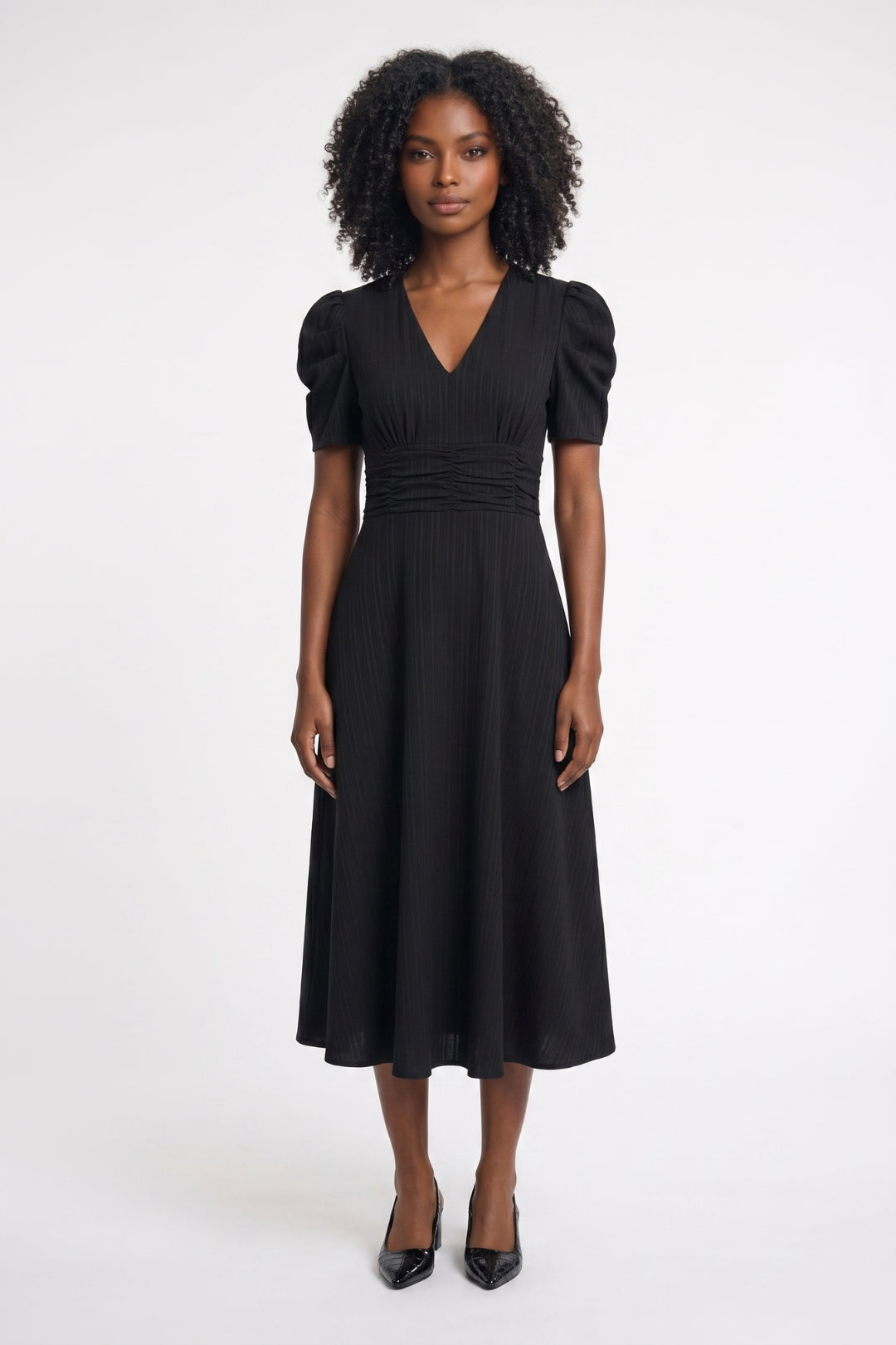 Women's Pleated Midi Dress with Ruched Waist and Puff Sleeves – Elegant Dress for Parties, Dinners, and Special Occasions