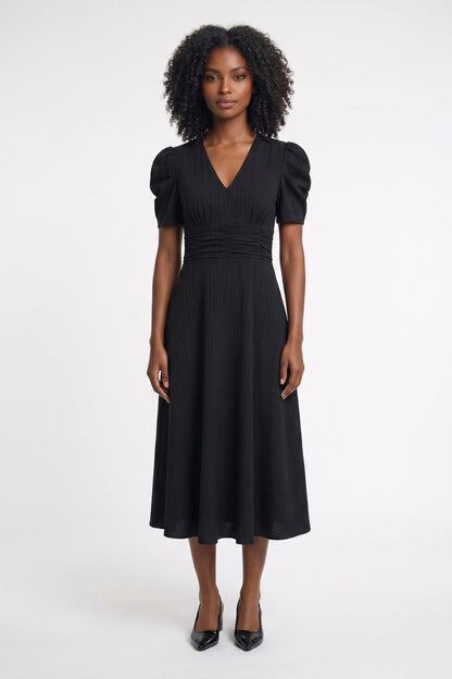 Women's Pleated Midi Dress with Ruched Waist and Puff Sleeves – Elegant Dress for Parties, Dinners, and Special Occasions