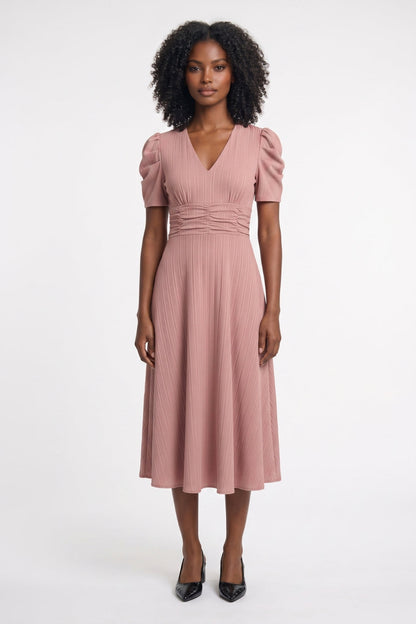 Women's Pleated Midi Dress with Ruched Waist and Puff Sleeves – Elegant Dress for Parties, Dinners, and Special Occasions