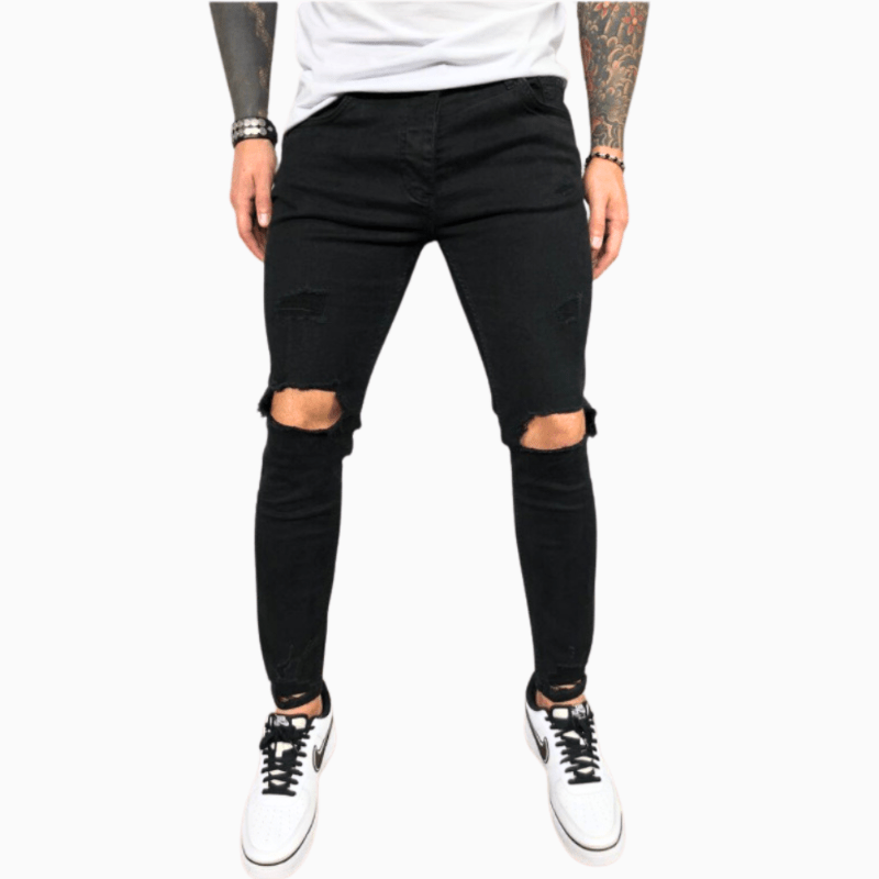 Blugi skinny pentru bărbați, elastici, cu genunchi rupți și margini nefinisate – blugi mulați din denim pentru purtare zilnică, timp liber și stil casual