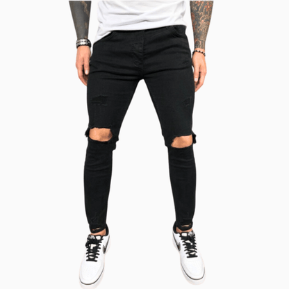 Blugi skinny pentru bărbați, elastici, cu genunchi rupți și margini nefinisate – blugi mulați din denim pentru purtare zilnică, timp liber și stil casual