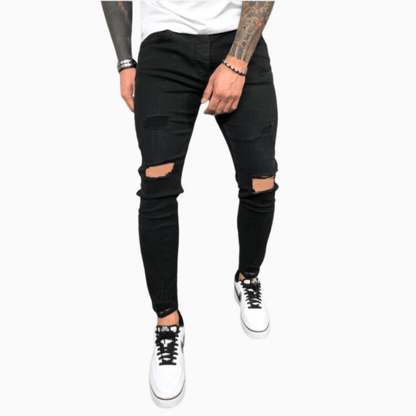 Blugi skinny pentru bărbați, elastici, cu genunchi rupți și margini nefinisate – blugi mulați din denim pentru purtare zilnică, timp liber și stil casual