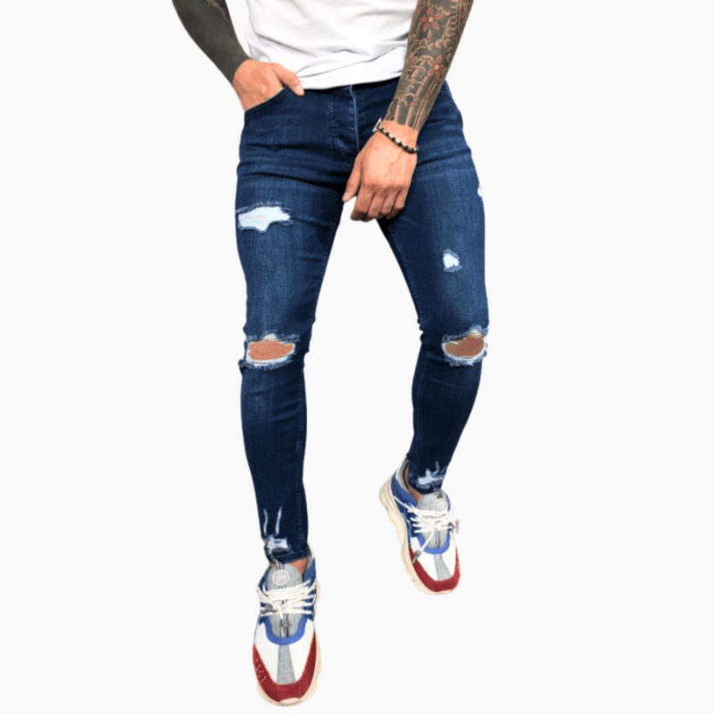 Blugi skinny pentru bărbați, elastici, cu genunchi rupți și margini nefinisate – blugi mulați din denim pentru purtare zilnică, timp liber și stil casual