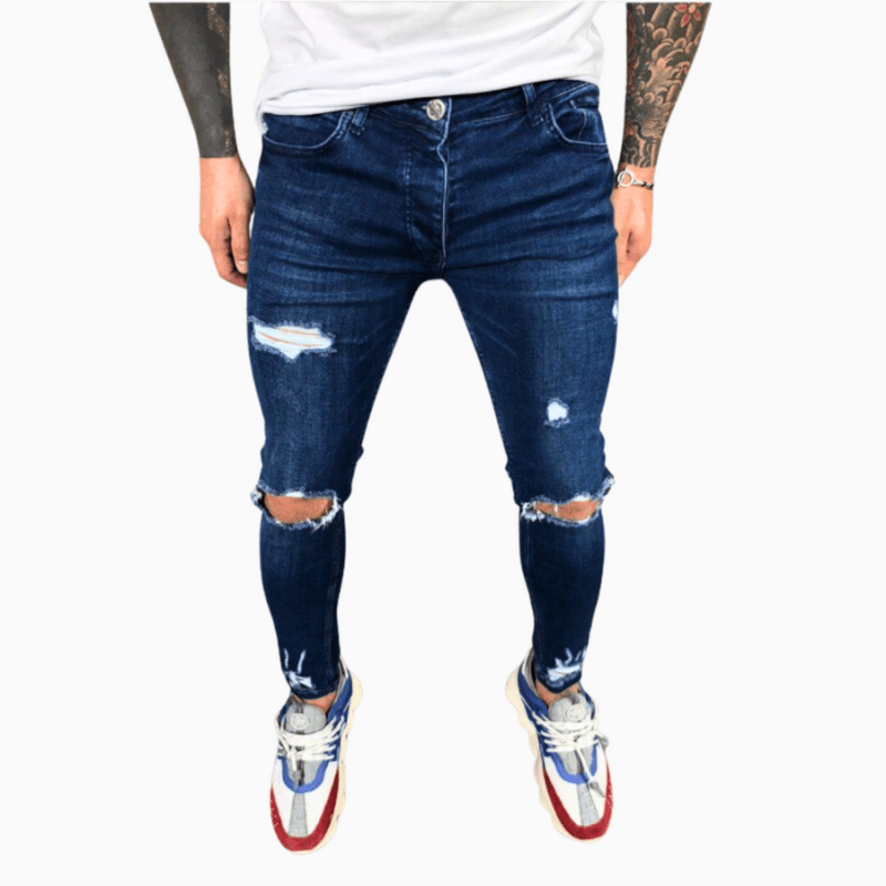 Blugi skinny pentru bărbați, elastici, cu genunchi rupți și margini nefinisate – blugi mulați din denim pentru purtare zilnică, timp liber și stil casual