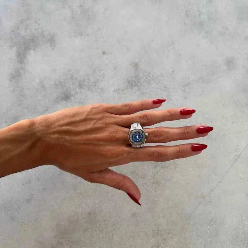 Anillo reloj de cuarzo ajustable para hombre de metal pulido - Esfera compacta para el día y la noche