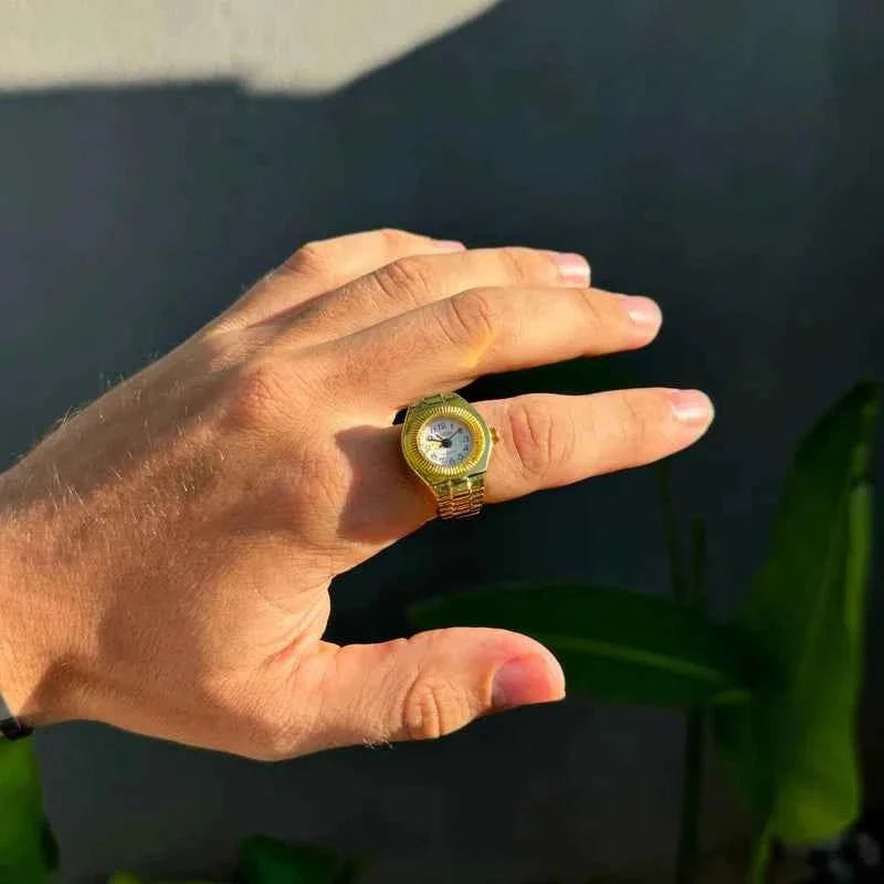 Anillo reloj de cuarzo ajustable para hombre de metal pulido - Esfera compacta para el día y la noche