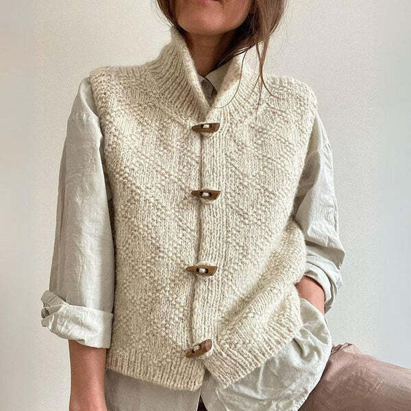 Women's knitted vest with textured finish, high neck, toggle button closure, and sleeveless design - a top for work, fall, winter, and everyday wear