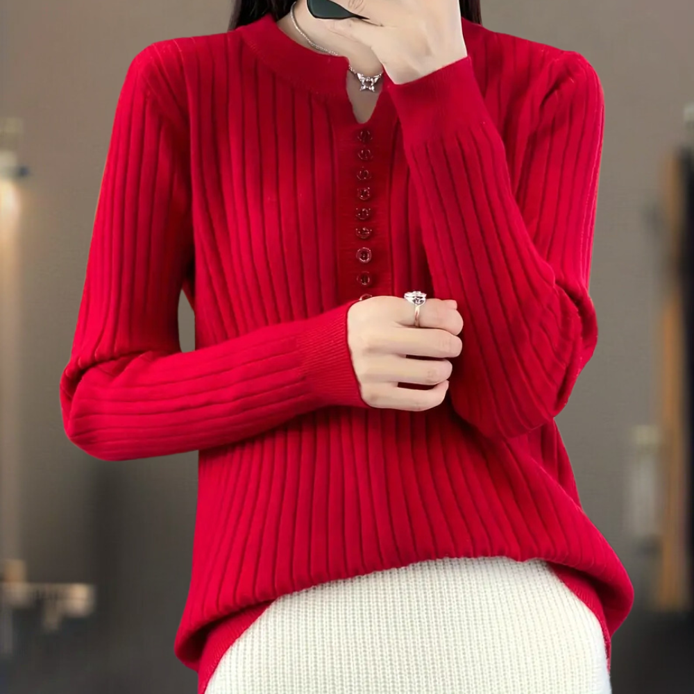 Dame Ribbet Langærmet Striksweater Med Knapudskæring