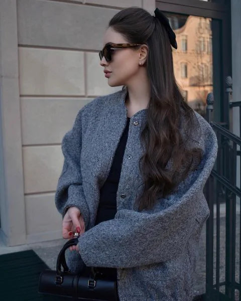 Women's Long Wool-Blend Coat with Textured Design - Elegant and Casual Winter Outerwear for Cold Days, Everyday Wear, the Office and Smart Casual Style